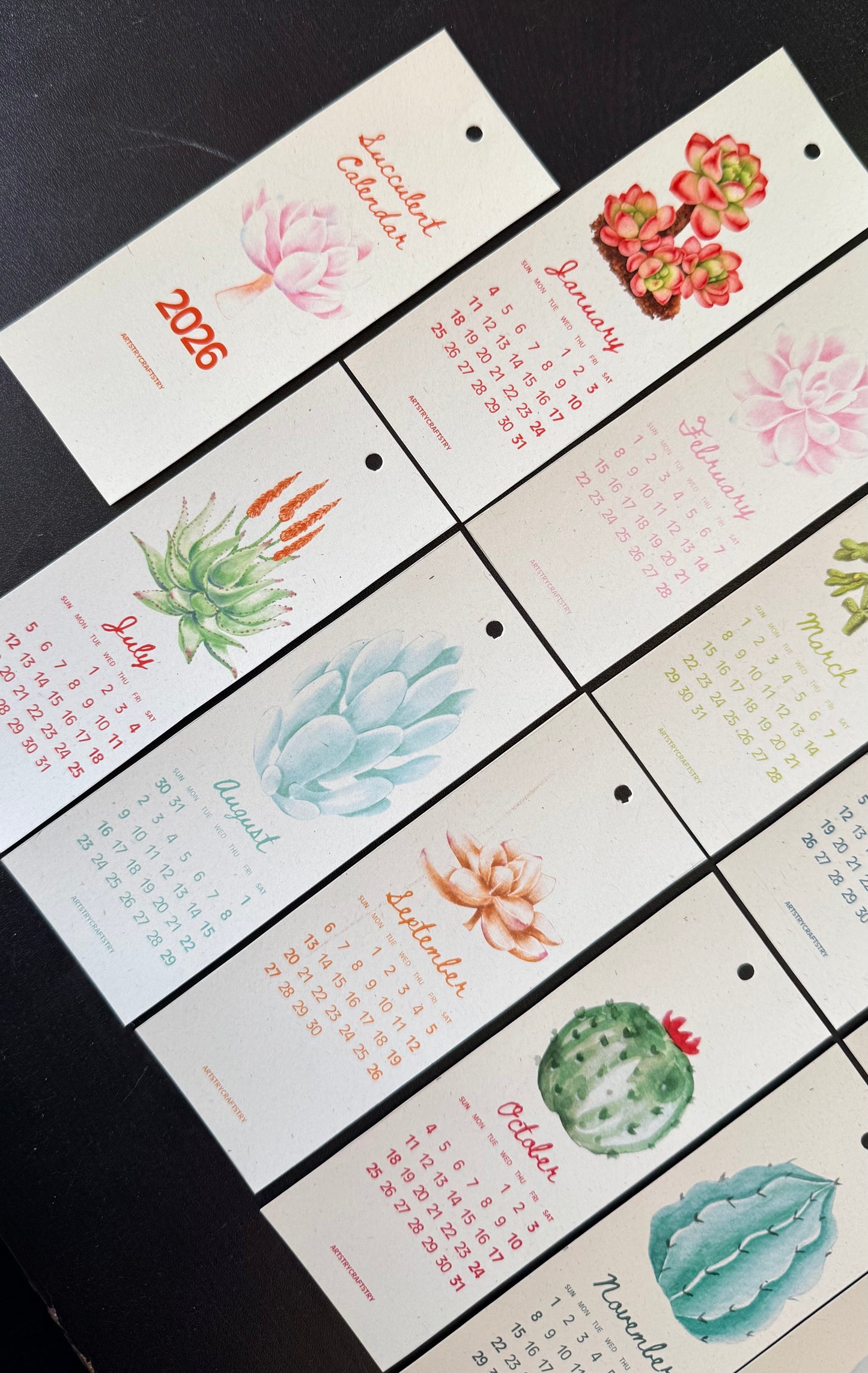 Succulent Bookmark Calendar 2026